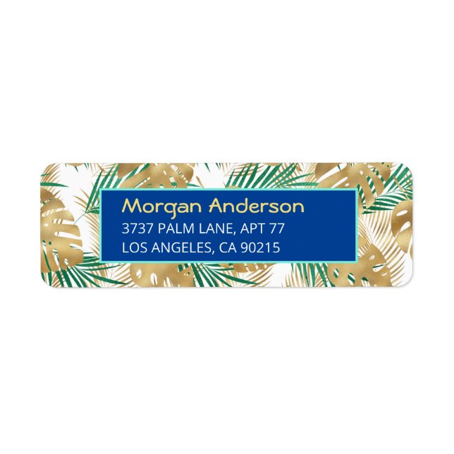 Gold & Green Tropical Leaves, Deep Blue Address Label (Front)