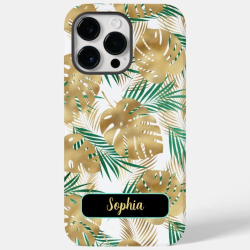 Gold  Green Tropical Leaves Gold Name White Case_Mate iPhone 14 Pro Max Case
