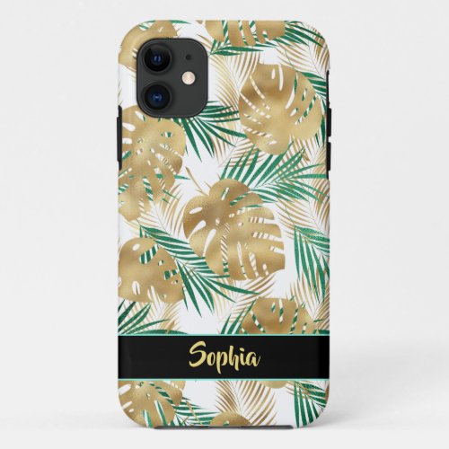 Gold  Green Tropical Leaves Gold Name White iPhone 11 Case