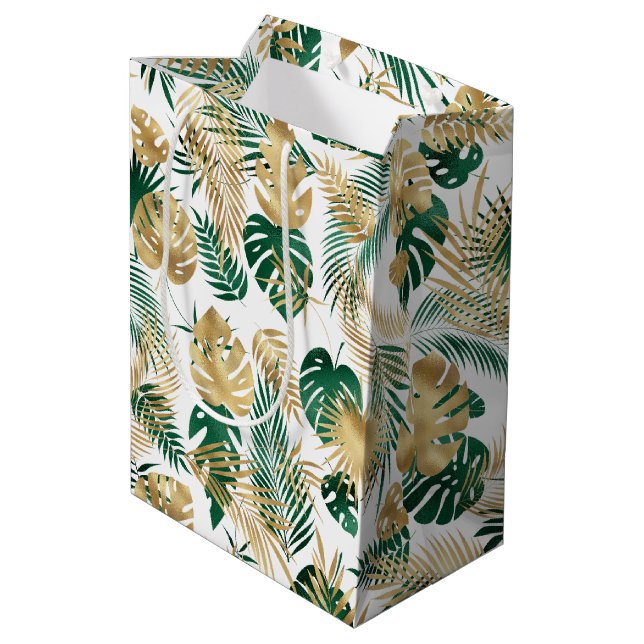 Gold & Green Tropical Leaves Medium Gift Bag (Back Angled)