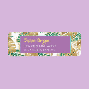 Gold & Green Tropical Leaves Name Address Lavender Label