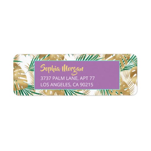Gold  Green Tropical Leaves Name Address Lavender Label