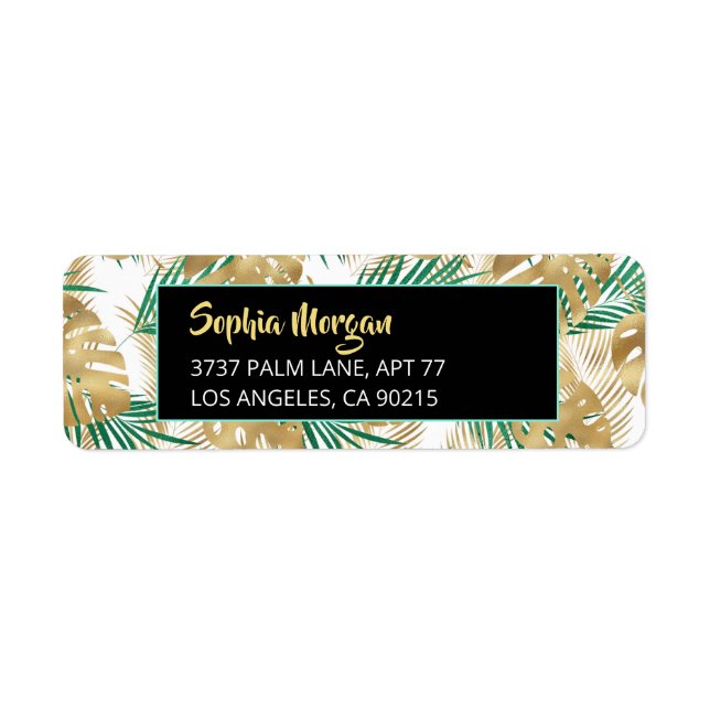 Gold & Green Tropical Leaves, Name Address Wht/Blk Label (Front)