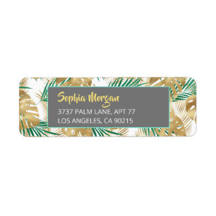 Gold & Green Tropical Leaves, Name Address WhtGrey Label