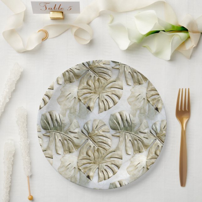 Gold Green Tropical Leaves Paper Plates (Wedding)