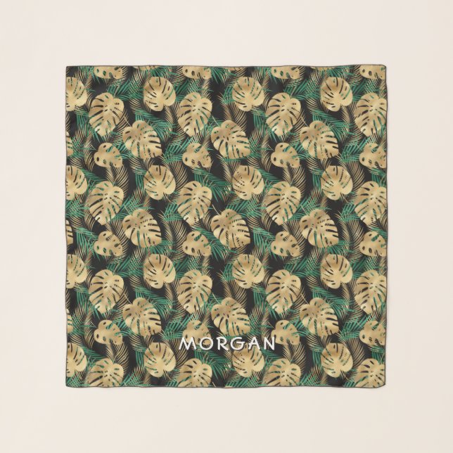 Gold & Green Tropical Leaves, Personalize Name Scarf (Front)