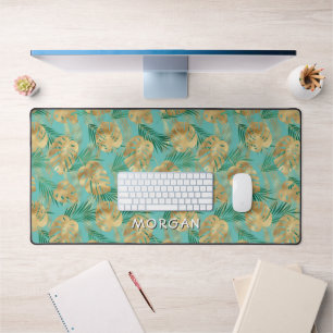 Gold & Green Tropical Leaves Personalize Name Teal Desk Mat