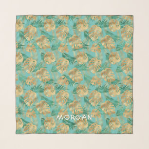 Gold & Green Tropical Leaves Personalize Name Teal Scarf