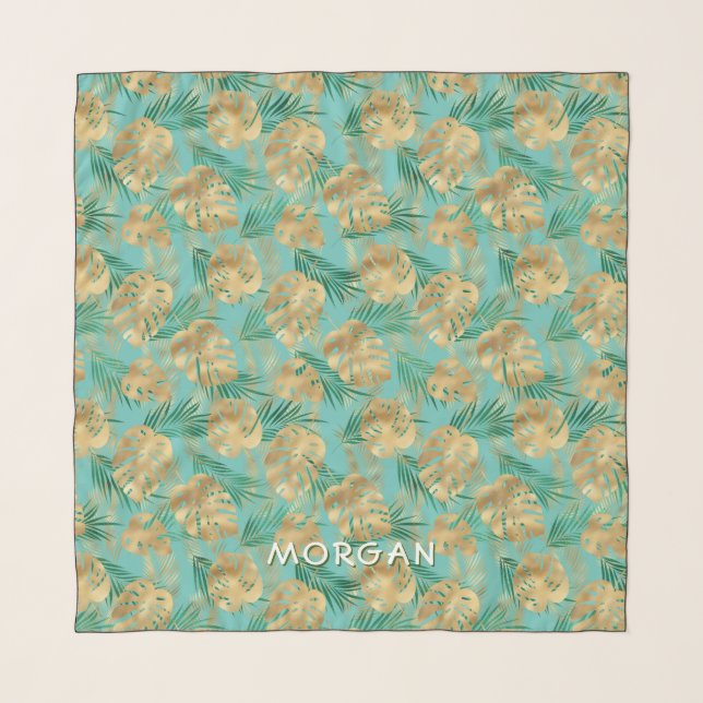 Gold & Green Tropical Leaves Personalize Name Teal Scarf (Front)