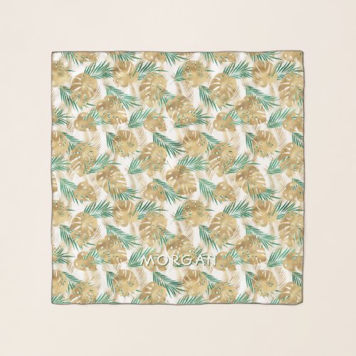 GoldGreen Tropical Leaves Personalize White Name Scarf