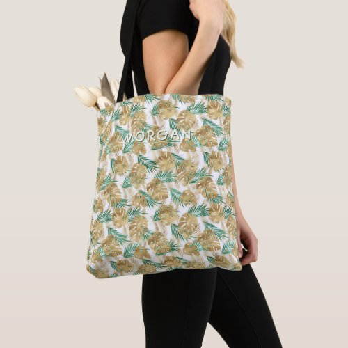 GoldGreen Tropical Leaves Personalize White Name Tote Bag