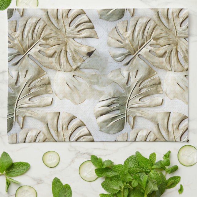 Gold Green Tropical Leaves Sage Kitchen Towel (Folded)