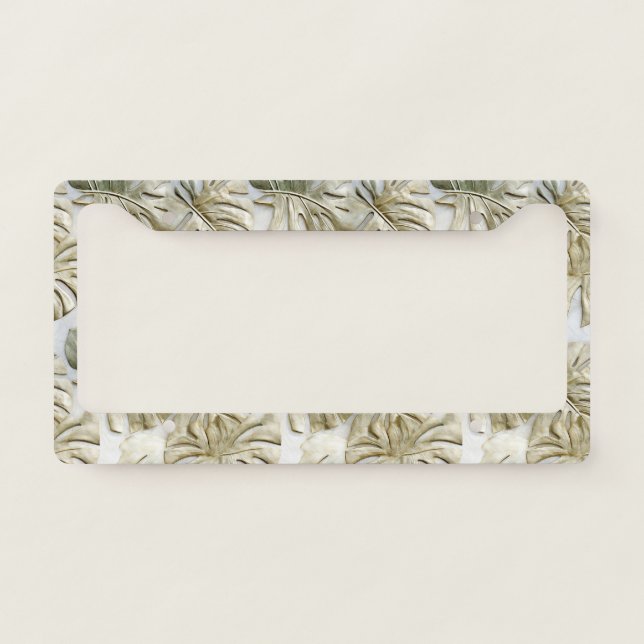 Gold Green Tropical Leaves Sage License Plate Frame (Front)