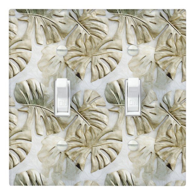 Gold Green Tropical Leaves Sage Light Switch Cover (In Situ)
