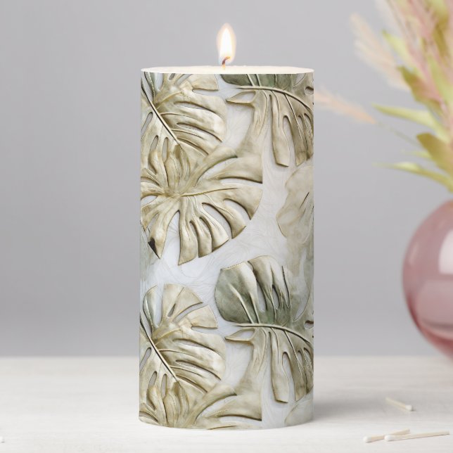 Gold Green Tropical Leaves Sage Pillar Candle (In Situ)