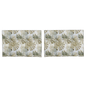 Gold Green Tropical Leaves Sage Pillow Case
