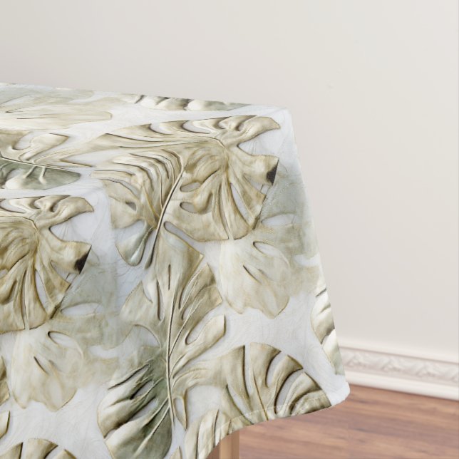 Gold Green Tropical Leaves Sage Tablecloth (In Situ)