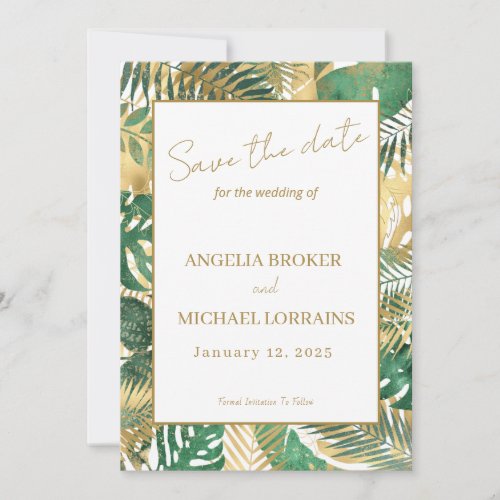 Gold Green Tropical Leaves Save the Date Invitation