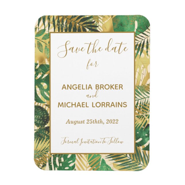 Gold Green Tropical Leaves Save the Date Wedding I Magnet (Vertical)