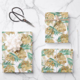 Gold & Green Tropical Leaves Wrapping Paper Sheets
