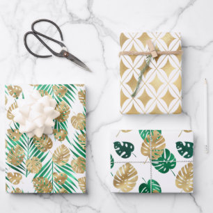 Gold & Green Tropical Leaves Wrapping Paper Sheets