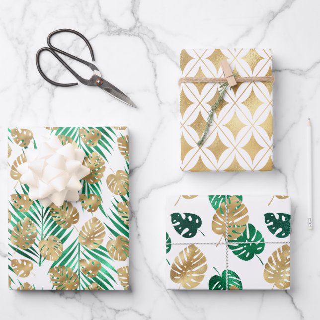 Gold & Green Tropical Leaves Wrapping Paper Sheets (Front)