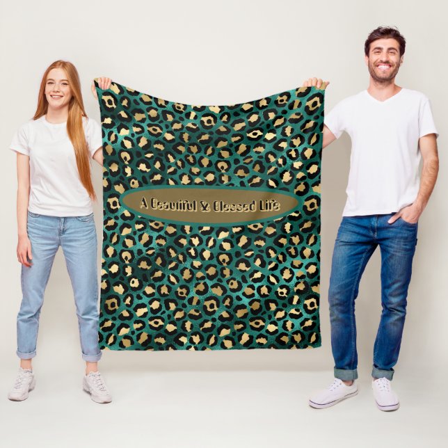Gold Green Tropical Leopard Fleece Blanket (In Situ)