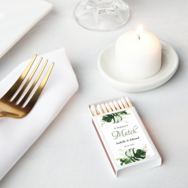Gold & Green Tropical Monstera Leaves Wedding  Matchboxes (Insitu)