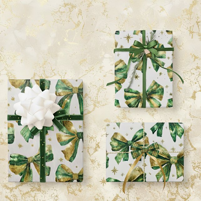 Gold Green Vintage Bows Christmas Wrapping Paper Sheets (Gold green Christmas bows wrapping paper sheets for holiday gift giving)