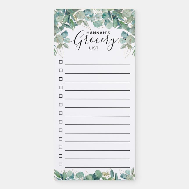 Gold Green Watercolor Eucalyptus Grocery List Magn Magnetic Notepad