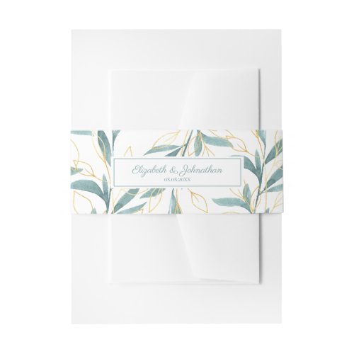 Gold Green Watercolor Floral Wedding Invitation Belly Band