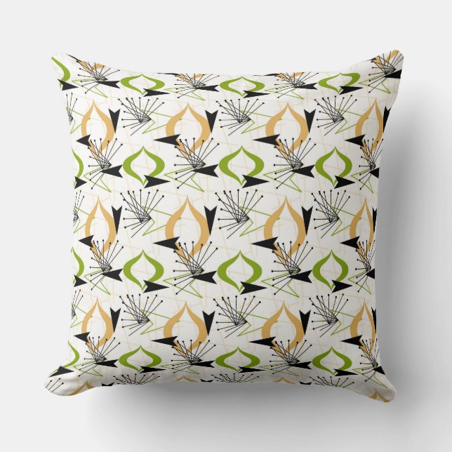 Gold, Green, White, Black | Mid-Century Fifties Throw Pillow (Front)