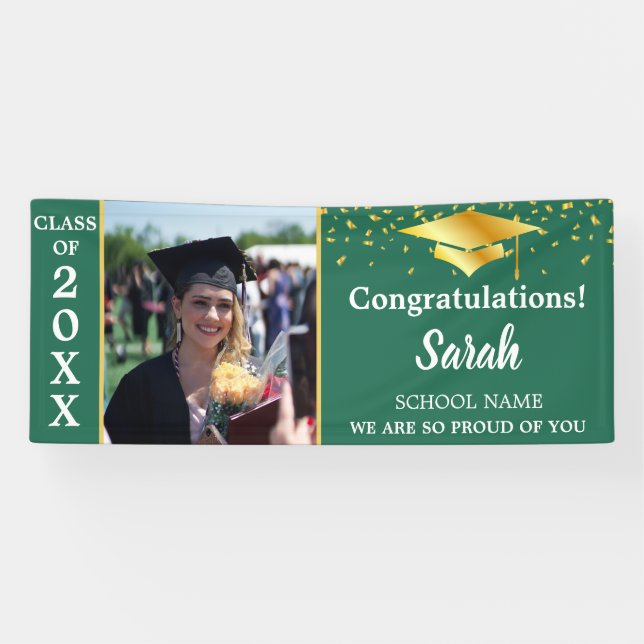 Gold Green & White Graduation Photo Class Of 2025 Banner (Horizontal)