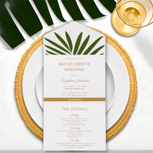 Gold Green White Palm Leaf Bachelorette Weekend All In One Invitation