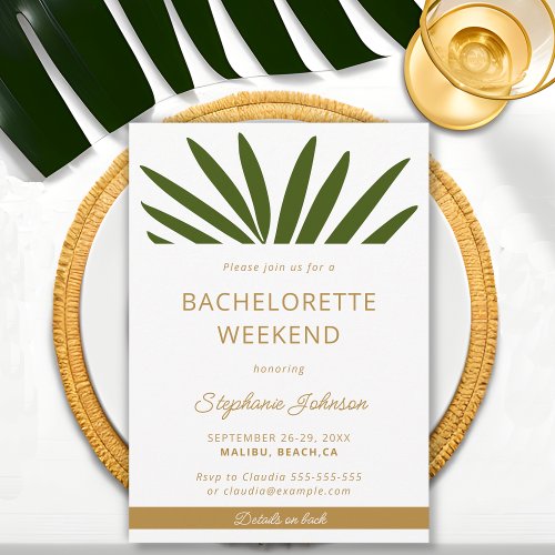 Gold Green White Palm Leaf Bachelorette Weekend Invitation