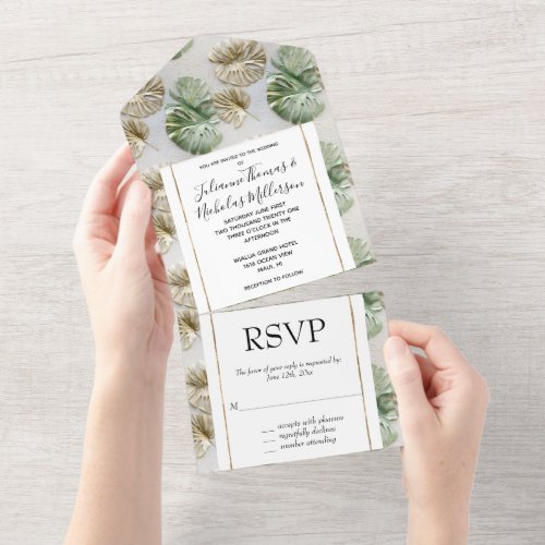 Gold Green White Tropical Leaves All In One Invitation