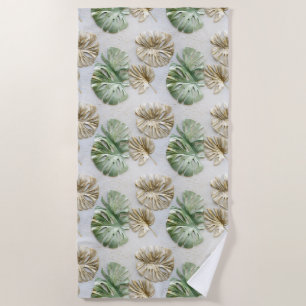 Gold Green White Tropical Leaves Beach Towel