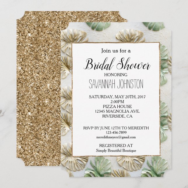 Gold Green White Tropical Leaves Bridal Shower Invitation (Front/Back)