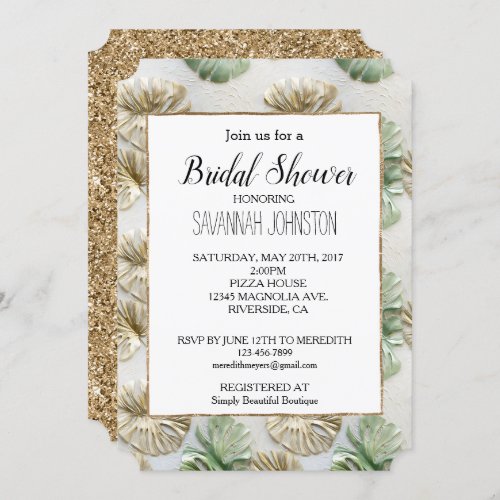 Gold Green White Tropical Leaves Invitation
