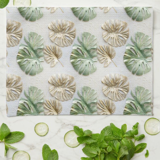 Gold Green White Tropical Leaves Kitchen Towel (Folded)