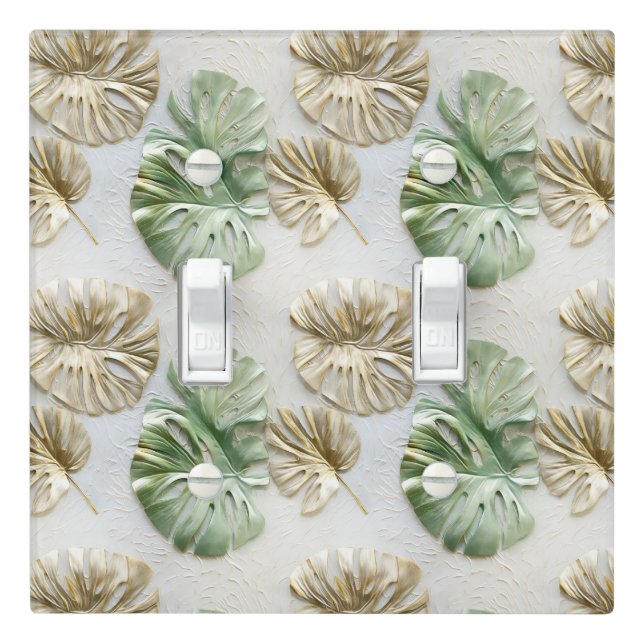Gold Green White Tropical Leaves Light Switch Cover (In Situ)