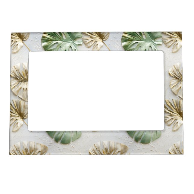 Gold Green White Tropical Leaves Magnetic Frame (Front)