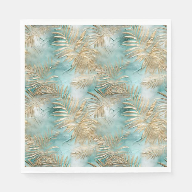 Gold Green White Tropical Leaves Napkins (Front)