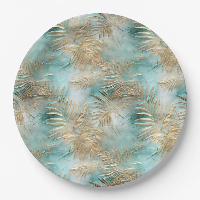 Gold Green White Tropical Leaves Paper Plates (Front)