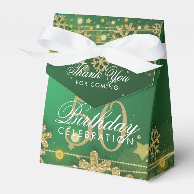 Gold Green Winter 50th Birthday Thank You Favor Boxes (Front Side)