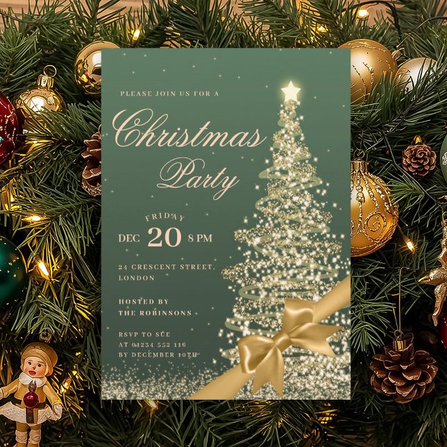 Gold Green Winter Christmas Tree Bow Holiday  Invitation (Gold Green Winter Christmas Tree Bow Holiday Invitation)
