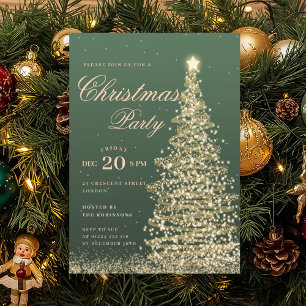 Gold Green Winter Christmas Tree Holiday Party Invitation