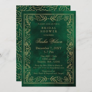 Gold Green Winter Foliage Holiday Bridal Shower Invitation