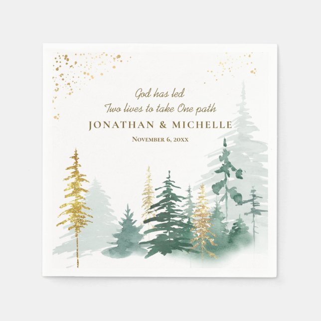 Gold Green Woodland Pine Trees Inspirational Napkins (Front)