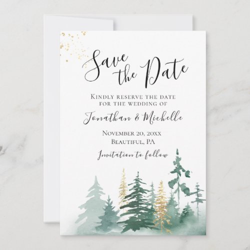 Gold Green Woodland Pine Trees Inspirational Save The Date